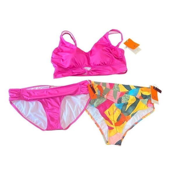 Freely 3 Piece Bikini Swimwear Hot Pink & Multi NWT Size Large/X-Large - Picture 1 of 8
